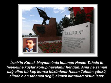 İzmir'in Konak Meydanı'nda bulunan Hasan Tahsin'in heykeline kuşlar konup havalanır her gün. Ama ne zaman sağ eline bir kuş konsa hüzünlenir Hasan Tahsin;