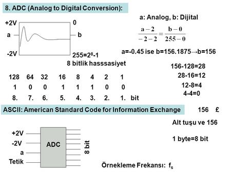 -2V +2V ab 0 255=2 8 -1 8 bitlik hasssasiyet a: Analog, b: Dijital a=-0.45 ise b=156.1875→b=156 8. ADC (Analog to Digital Conversion): 128 64 32 16 8 4.