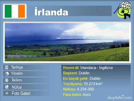 Resmi dil: İrlandaca - İngilizce Başkent: Dublin En büyük şehir: Dublin Yüzölçümü: 70.273 km² Nüfusu: 4.234.000 Para birimi: Avro.