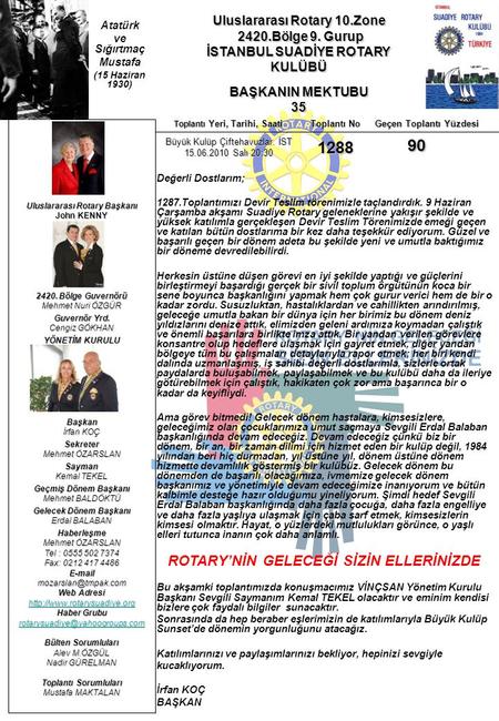 Uluslararası Rotary 10.Zone 2420.Bölge 9. Gurup 2420.Bölge 9. Gurup İSTANBUL SUADİYE ROTARY KULÜBÜ BAŞKANIN MEKTUBU 35 Uluslararası Rotary Başkanı John.