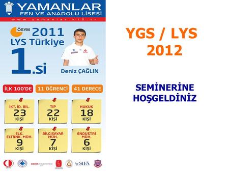 1 YGS / LYS 2012 SEMİNERİNE HOŞGELDİNİZ. YGS ( Yüksek Öğretime Geçiş Sınavı ) LYS ( Lisans Yerleştirme Sınavı ) 1. 2. YGS NİSAN SINAVI (BARAJ SINAVI)