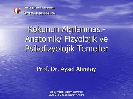 LIFE Projesi Eğitim Semineri ODTÜ, 1-2 Nisan 2004 Ankara 1 Kokunun Algılanması- Anatomik/ Fizyolojik ve Psikofizyolojik Temeller Prof. Dr. Aysel Atımtay.