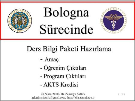 / 181 BolognaSürecinde 20 Nisan 2010 - Dr. Zekeriya Aktürk  Ders Bilgi Paketi Hazırlama - Amaç - Öğrenim.