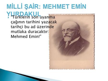  “Türklerin son uyanma çağının tarihini yazacak tarihçi bu ad üzerinde mutlaka duracaktır: Mehmed Emin!”