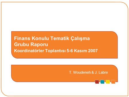 1 Finans Konulu Tematik Çalışma Grubu Raporu Koordinatörler Toplantısı 5-6 Kasım 2007 T. Woudeneh & J. Labre.