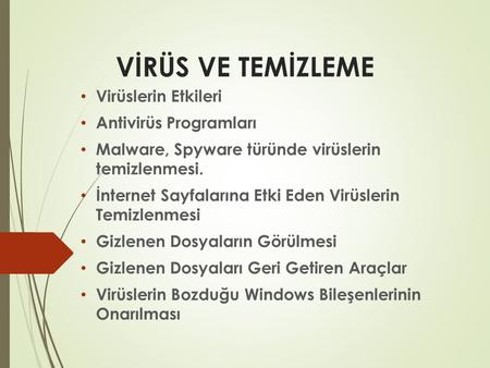 VİRÜS VE TEMİZLEME Virüslerin Etkileri Antivirüs Programları