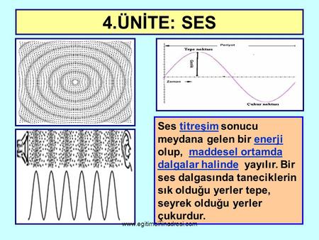 4.ÜNİTE: SES Ses titreşim sonucu meydana gelen bir enerji olup, maddesel ortamda dalgalar halinde yayılır. Bir ses dalgasında taneciklerin sık olduğu.