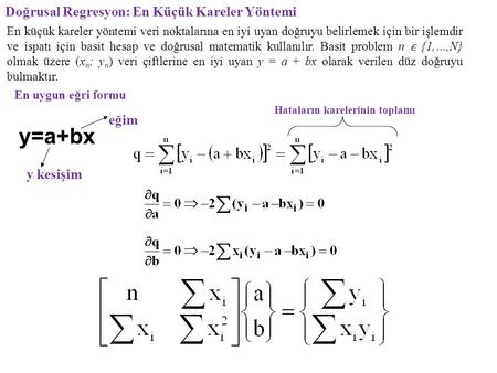 y=a+bx Doğrusal Regresyon: En Küçük Kareler Yöntemi eğim y kesişim