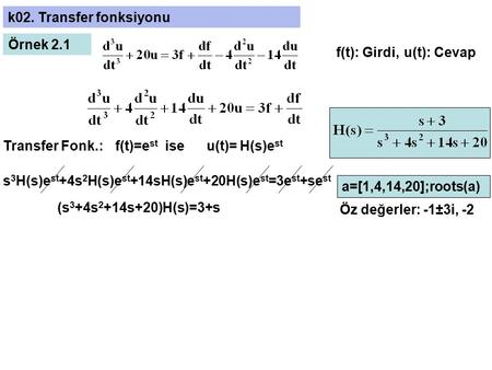 k02. Transfer fonksiyonu Örnek 2.1 f(t): Girdi, u(t): Cevap