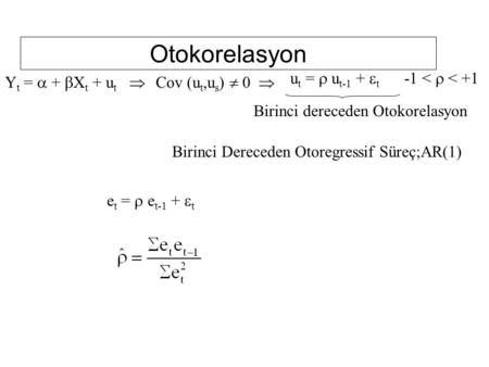 Otokorelasyon ut = r ut-1 + et -1 < r < +1 Yt = a + bXt + ut 