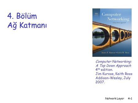 Network Layer4-1 4. Bölüm Ağ Katmanı Computer Networking: A Top Down Approach 4 th edition. Jim Kurose, Keith Ross Addison-Wesley, July 2007.