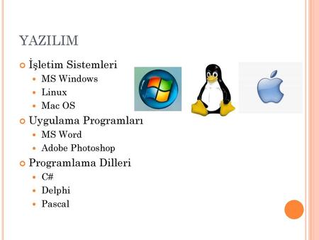 YAZILIM İşletim Sistemleri Uygulama Programları Programlama Dilleri