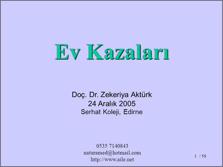 Ev Kazaları Doç. Dr. Zekeriya Aktürk 24 Aralık 2005