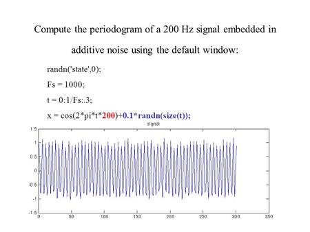 Compute the periodogram of a 200 Hz signal embedded in additive noise using the default window: randn('state',0); Fs = 1000; t = 0:1/Fs:.3; x = cos(2*pi*t*200)+0.1*randn(size(t));
