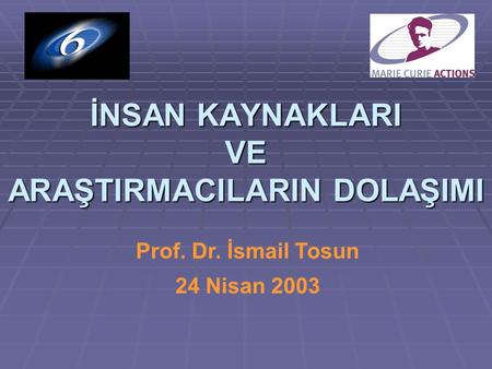 Prof. Dr. İsmail Tosun 24 Nisan 2003 İNSAN KAYNAKLARI VE ARAŞTIRMACILARIN DOLAŞIMI.