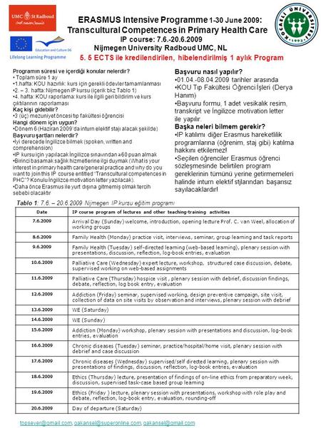 ERASMUS Intensive Programme 1-30 June 2009 : Transcultural Competences in Primary Health Care IP course: 7.6.-20.6.2009 Nijmegen University Radboud UMC,