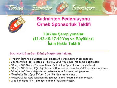 Badminton Federasyonu Örnek Sponsorluk Teklifi Türkiye Şampiyonaları (11-13-15-17-19 Yaş ve Büyükler) İsim Hakkı Teklifi Sponsorluğun Geri Dönüşü-Sponsor.