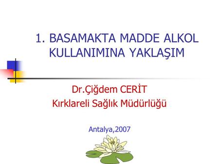 1. BASAMAKTA MADDE ALKOL KULLANIMINA YAKLAŞIM Dr.Çiğdem CERİT Kırklareli Sağlık Müdürlüğü Antalya,2007.