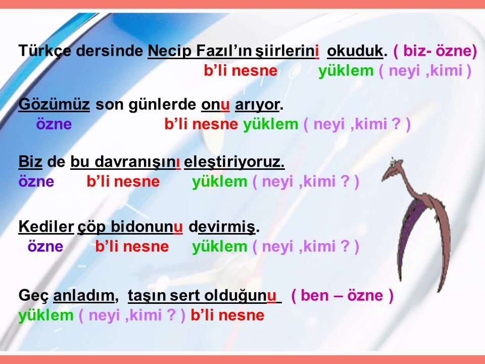 Türkçe dersinde Necip Fazıl’ın şiirlerini okuduk. ( biz- özne)