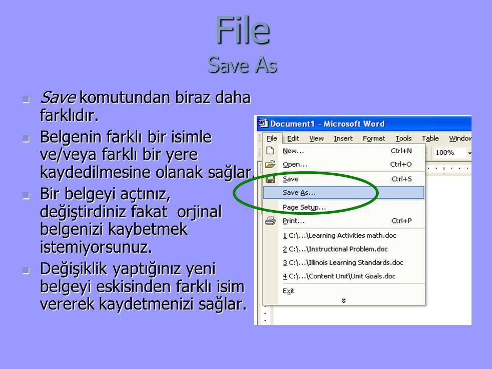 File Save As Save komutundan biraz daha farklıdır.
