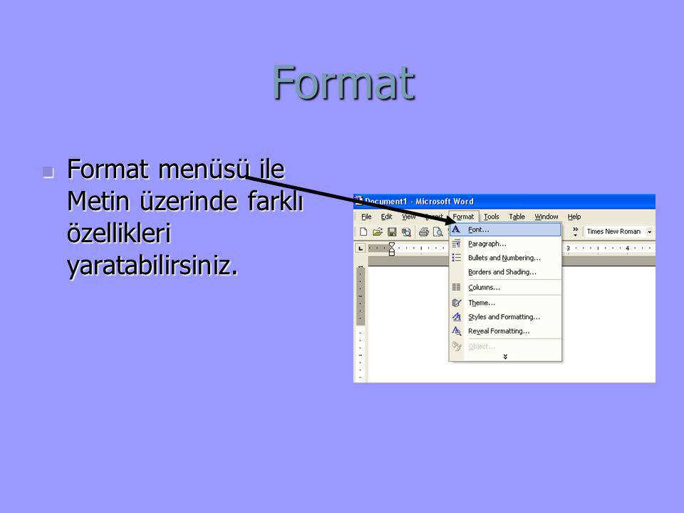 Format Format menüsü ile Metin üzerinde farklı özellikleri yaratabilirsiniz.