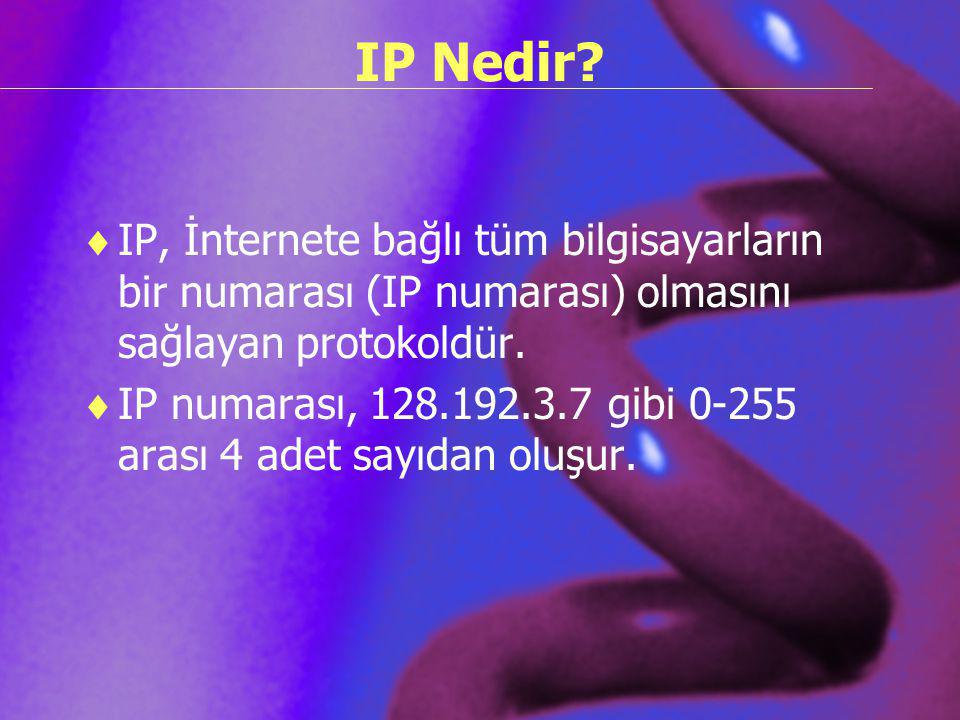IP Nedir IP, İnternete bağlı tüm bilgisayarların bir numarası (IP numarası) olmasını sağlayan protokoldür.