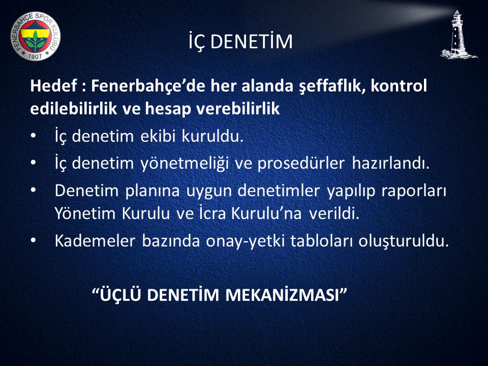 İÇ DENETİM Hedef : Fenerbahçe’de her alanda şeffaflık, kontrol edilebilirlik ve hesap verebilirlik.