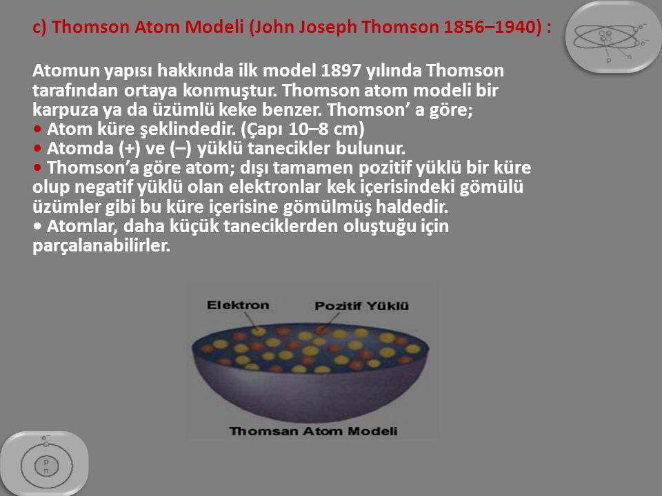 c) Thomson Atom Modeli (John Joseph Thomson 1856–1940) :