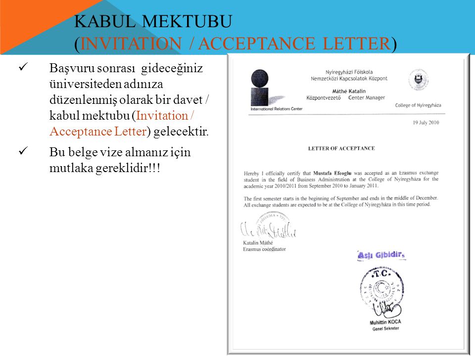 kabul mektubu (Invitation / Acceptance Letter)