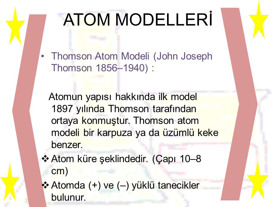 ATOM MODELLERİ Thomson Atom Modeli (John Joseph Thomson 1856–1940) :