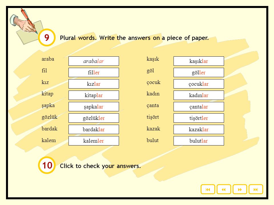 9 10 Plural words. Write the answers on a piece of paper.