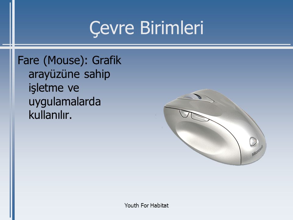 Çevre Birimleri Fare (Mouse): Grafik arayüzüne sahip işletme ve uygulamalarda kullanılır.