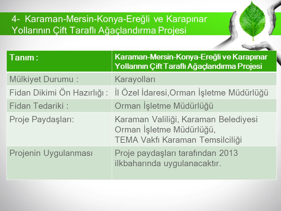 4- Karaman-Mersin-Konya-Ereğli ve Karapınar Yollarının Çift Taraflı Ağaçlandırma Projesi