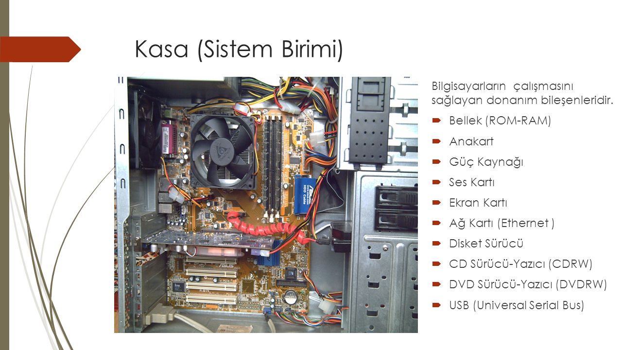 Kasa (Sistem Birimi) Bilgisayarların çalışmasını sağlayan donanım bileşenleridir. Bellek (ROM-RAM)