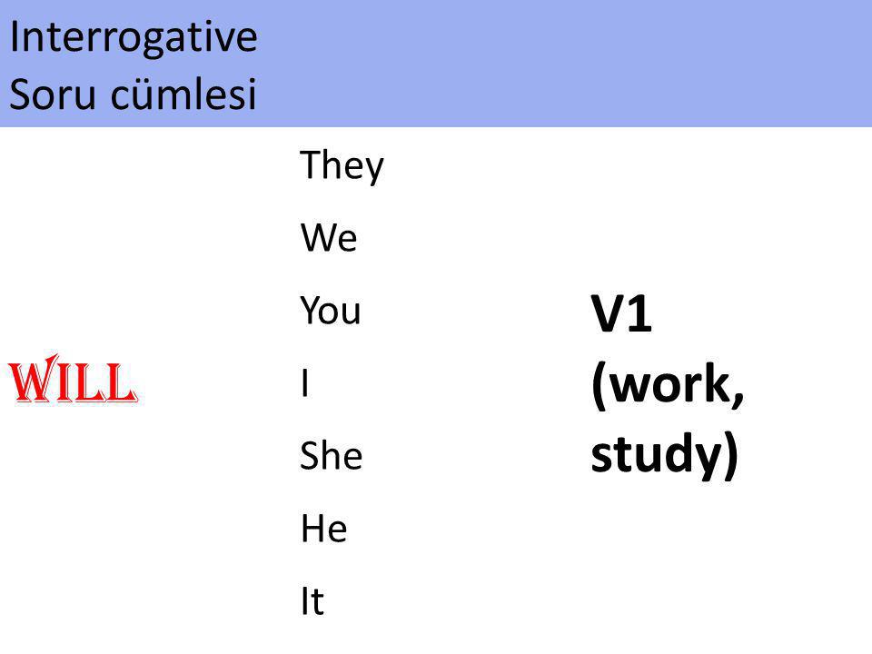 V1 (work, study) Will Interrogative Soru cümlesi They We You I She He
