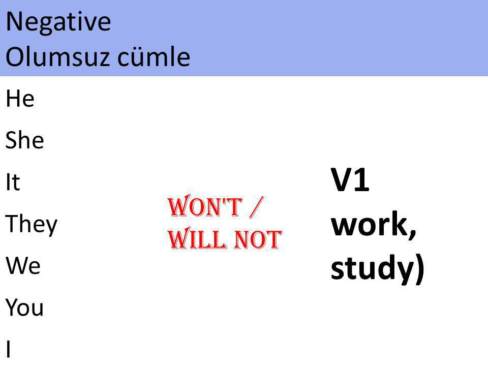 V1 work, study) Negative Olumsuz cümle Won t / Will not He She It They