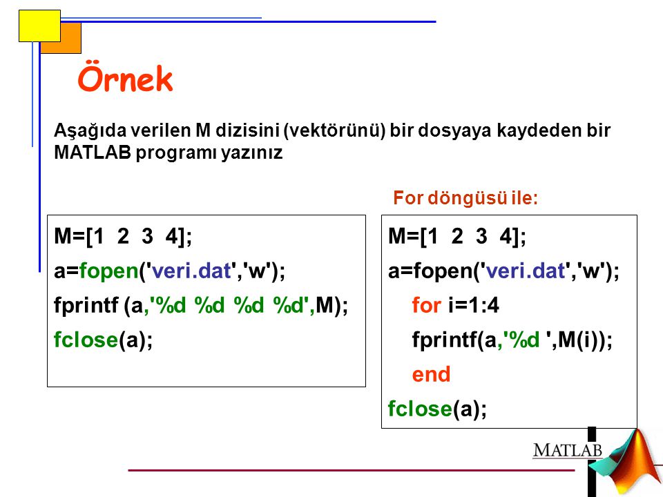 Örnek M=[ ]; a=fopen( veri.dat , w );