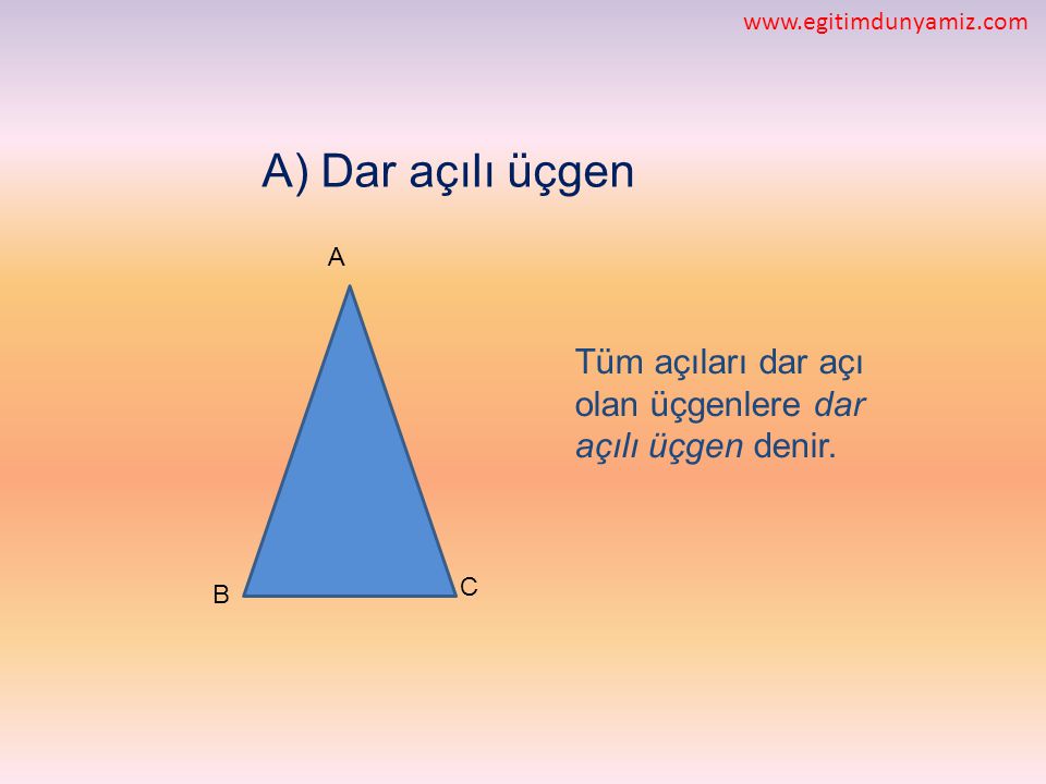 A) Dar açılı üçgen. A. Tüm açıları dar açı olan üçgenlere dar açılı üçgen denir.