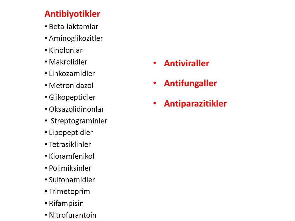 Antibiyotikler Antiviraller Antifungaller Antiparazitikler