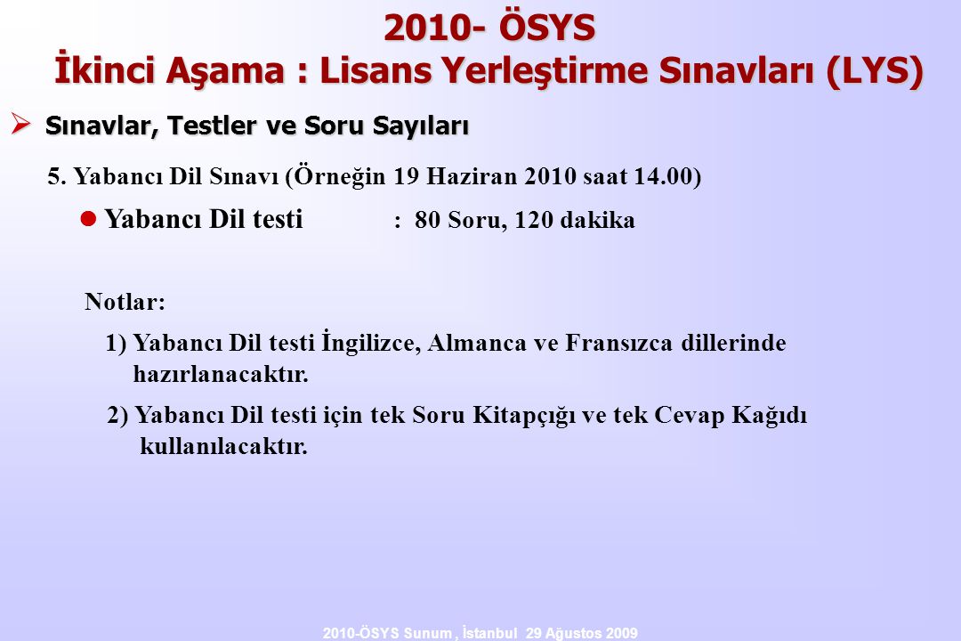 2010- ÖSYS İkinci Aşama : Lisans Yerleştirme Sınavları (LYS)