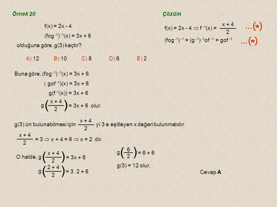 ( ) ... ( ) * Örnek 20 Çözüm f(x) = 2x - 4  f -1(x) =