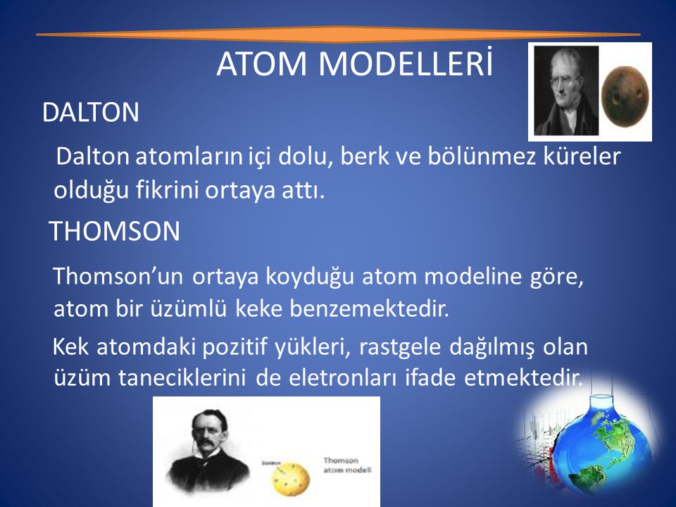 ATOM MODELLERİ DALTON. Dalton atomların içi dolu, berk ve bölünmez küreler olduğu fikrini ortaya attı.
