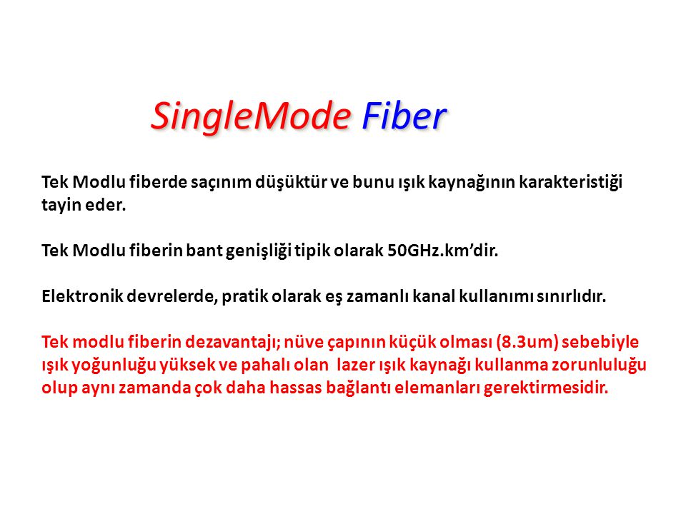 SingleMode Fiber Tek Modlu fiberde saçınım düşüktür ve bunu ışık kaynağının karakteristiği tayin eder.