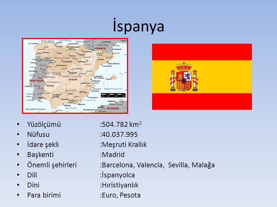 İspanya Yüzölçümü : km2 Nüfusu :