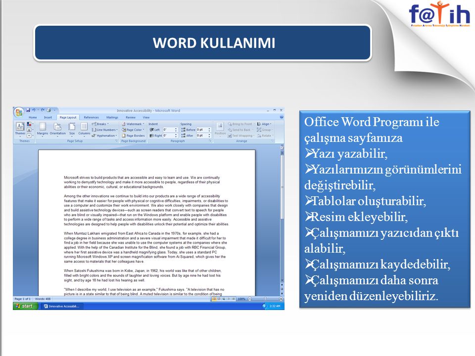 WORD KULLANIMI Office Word Programı ile çalışma sayfamıza