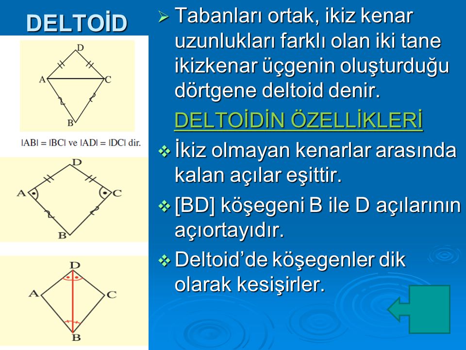 DELTOİD Tabanları ortak, ikiz kenar uzunlukları farklı olan iki tane ikizkenar üçgenin oluşturduğu dörtgene deltoid denir.
