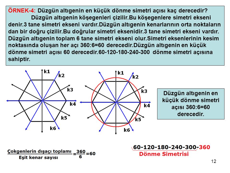 Düzgün altıgenin en küçük dönme simetri açısı 360:6=60 derecedir.