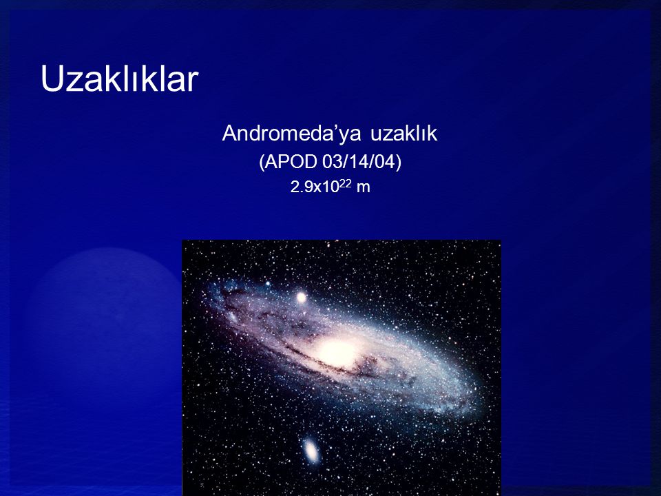 Uzaklıklar Andromeda’ya uzaklık (APOD 03/14/04) 2.9x1022 m
