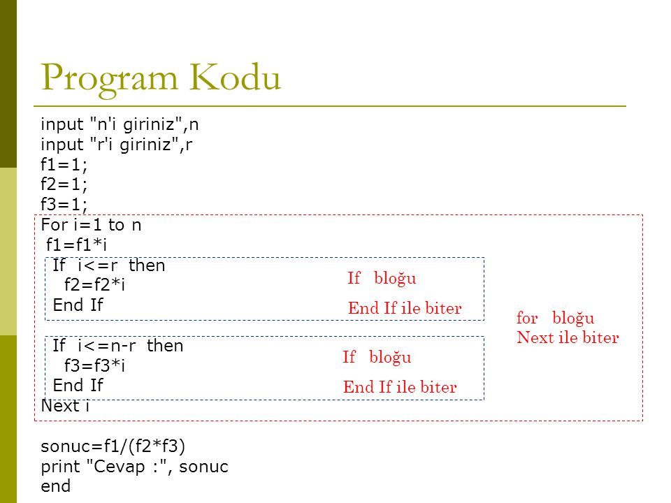 Program Kodu input n i giriniz ,n input r i giriniz ,r f1=1; f2=1;