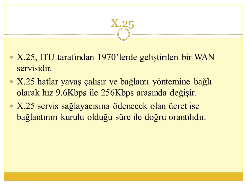 X.25 X.25, ITU tarafından 1970’lerde geliştirilen bir WAN servisidir.